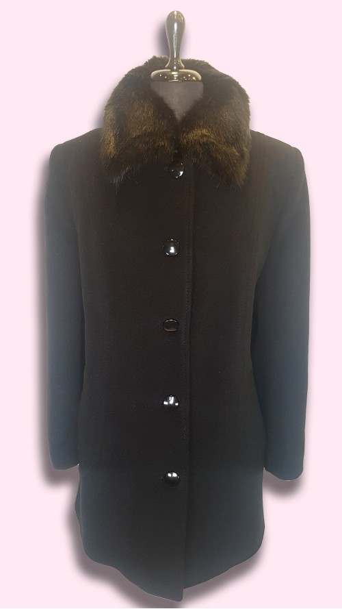 Ibolya rövid levehető szőrmegalléros gyapjúszövet kabát fekete
